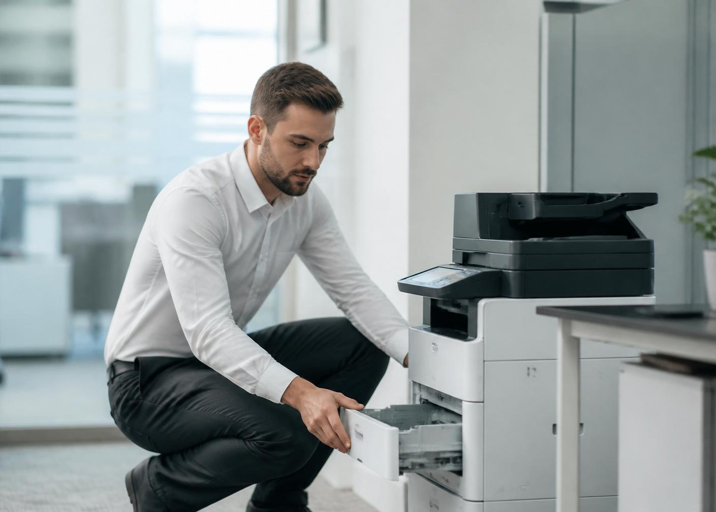 Técnico especializado instalando un multifuncional en oficina corporativa